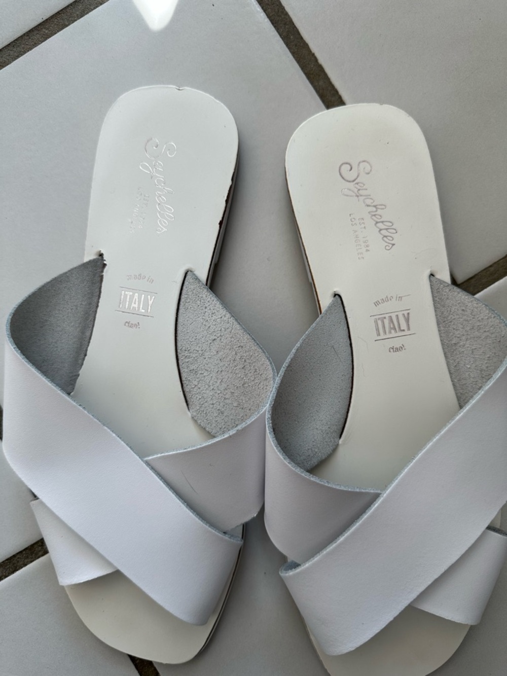 Seychelles White Cross-Band Leather Slide Sandals